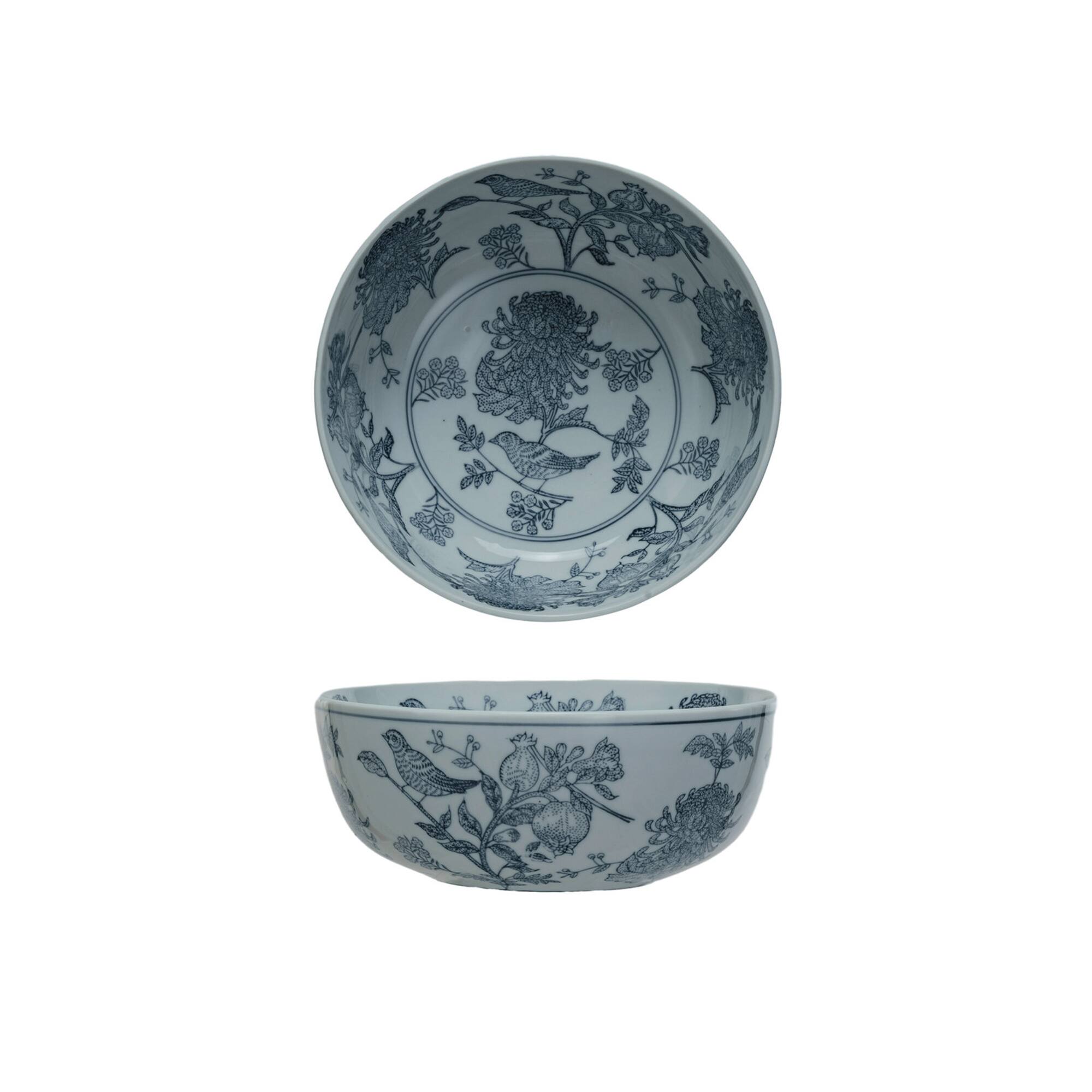 Hello Honey® 10" Blue & White Aviary Garden Stoneware Bowl